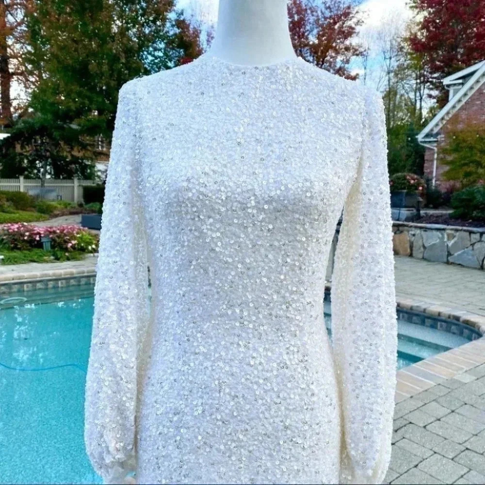 NWT Anthropologie BHLDN Goldie Long-Sleeve Sequin Mini Dress White 16